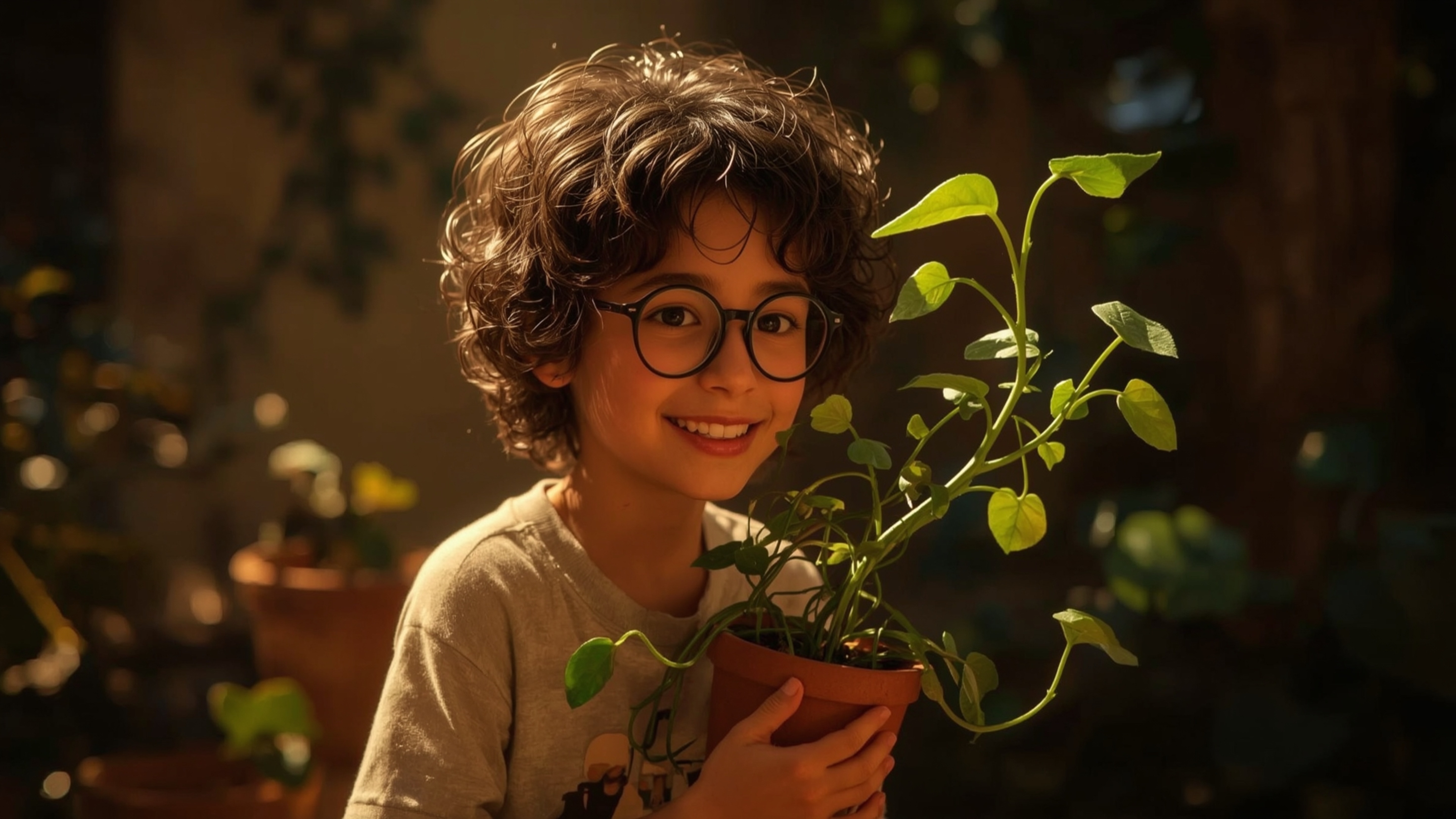 In a vibrant, warm-lit cinematic photograph reminiscent of Pixar's whimsical style, a bright-eyed homeschooled genius with cu