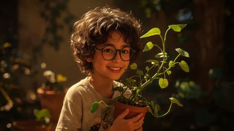 In a vibrant, warm-lit cinematic photograph reminiscent of Pixar's whimsical style, a bright-eyed homeschooled genius with cu