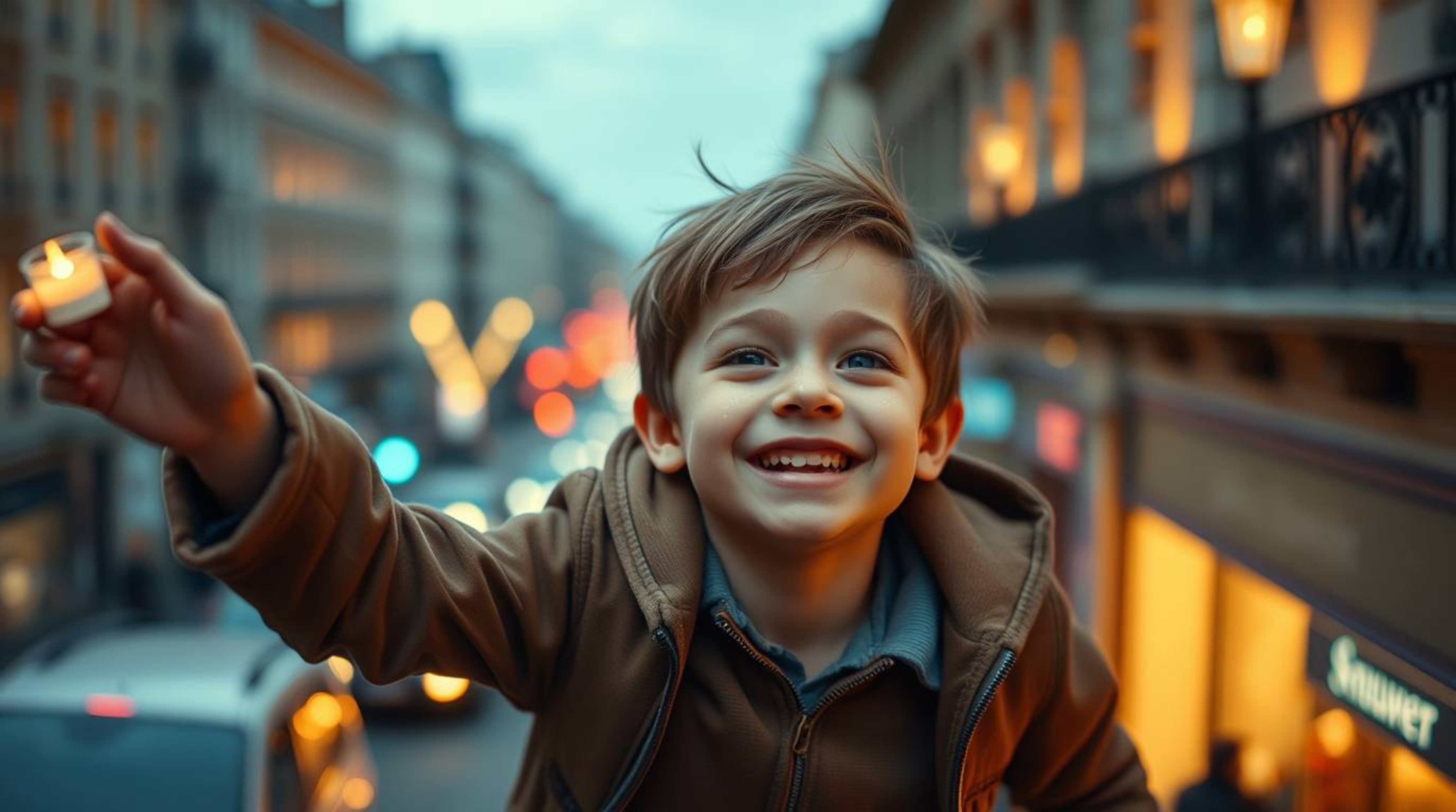 Capture the whimsical essence of London with this candid street photography. A young boy, radiating a mischievous grin, appea