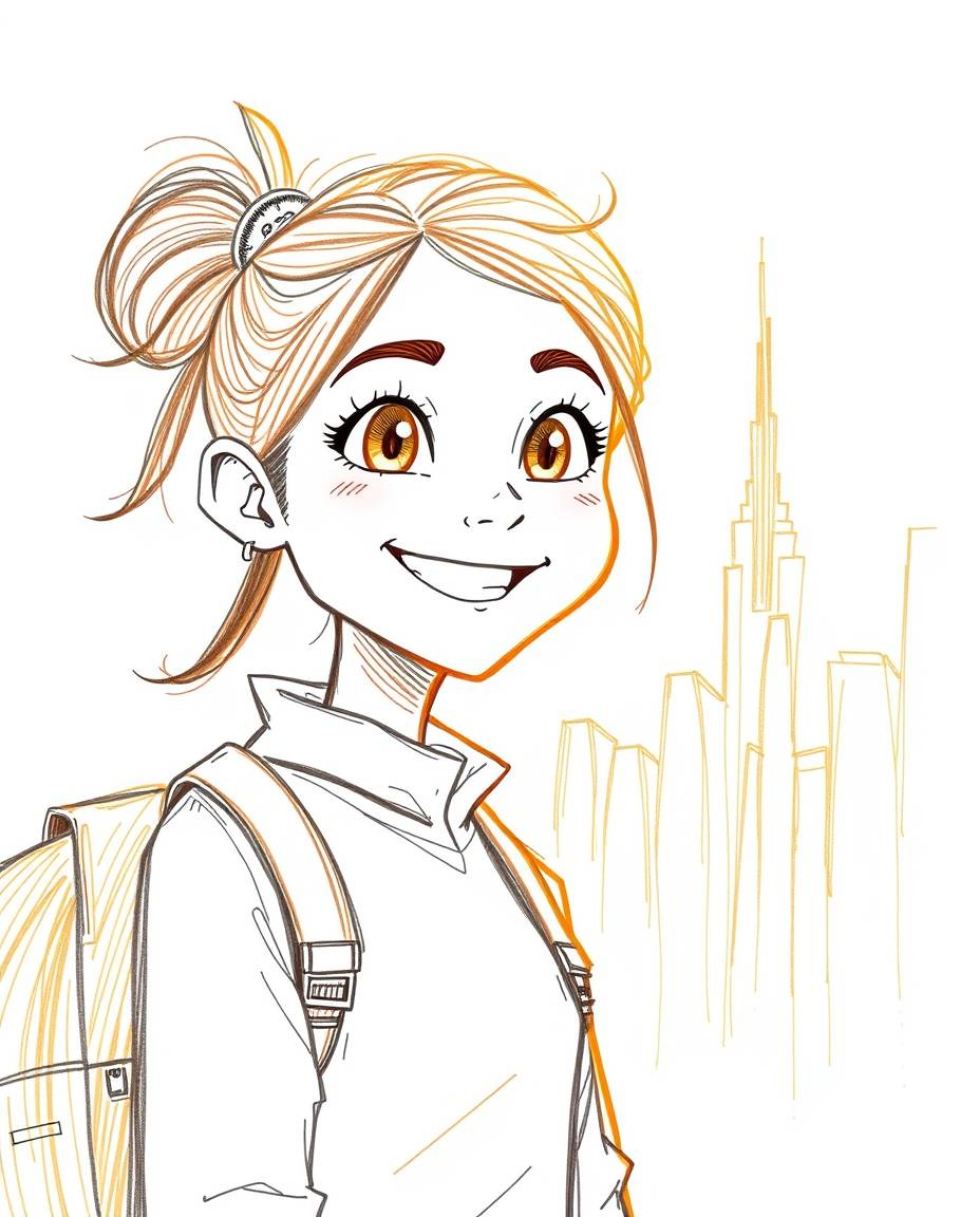 This captivating image features a young inventor girl with a beaming smile, set against a stunning futuristic city backdrop. 