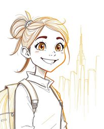 This captivating image features a young inventor girl with a beaming smile, set against a stunning futuristic city backdrop. 