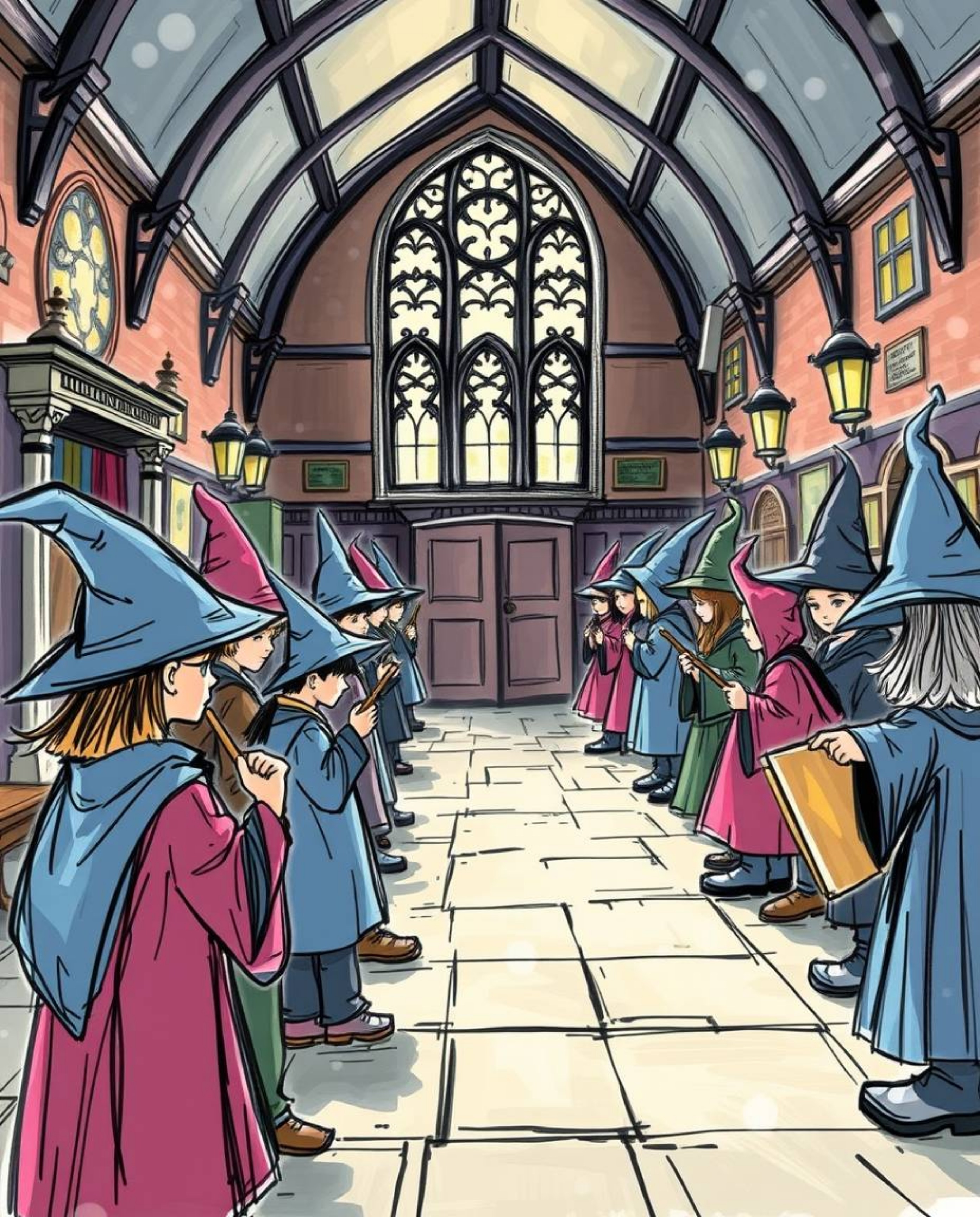 Explore a magical school brimming with young wizards, vividly illustrated in a strong, hard light hand-drawn sketch. The artw