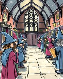 Explore a magical school brimming with young wizards, vividly illustrated in a strong, hard light hand-drawn sketch. The artw