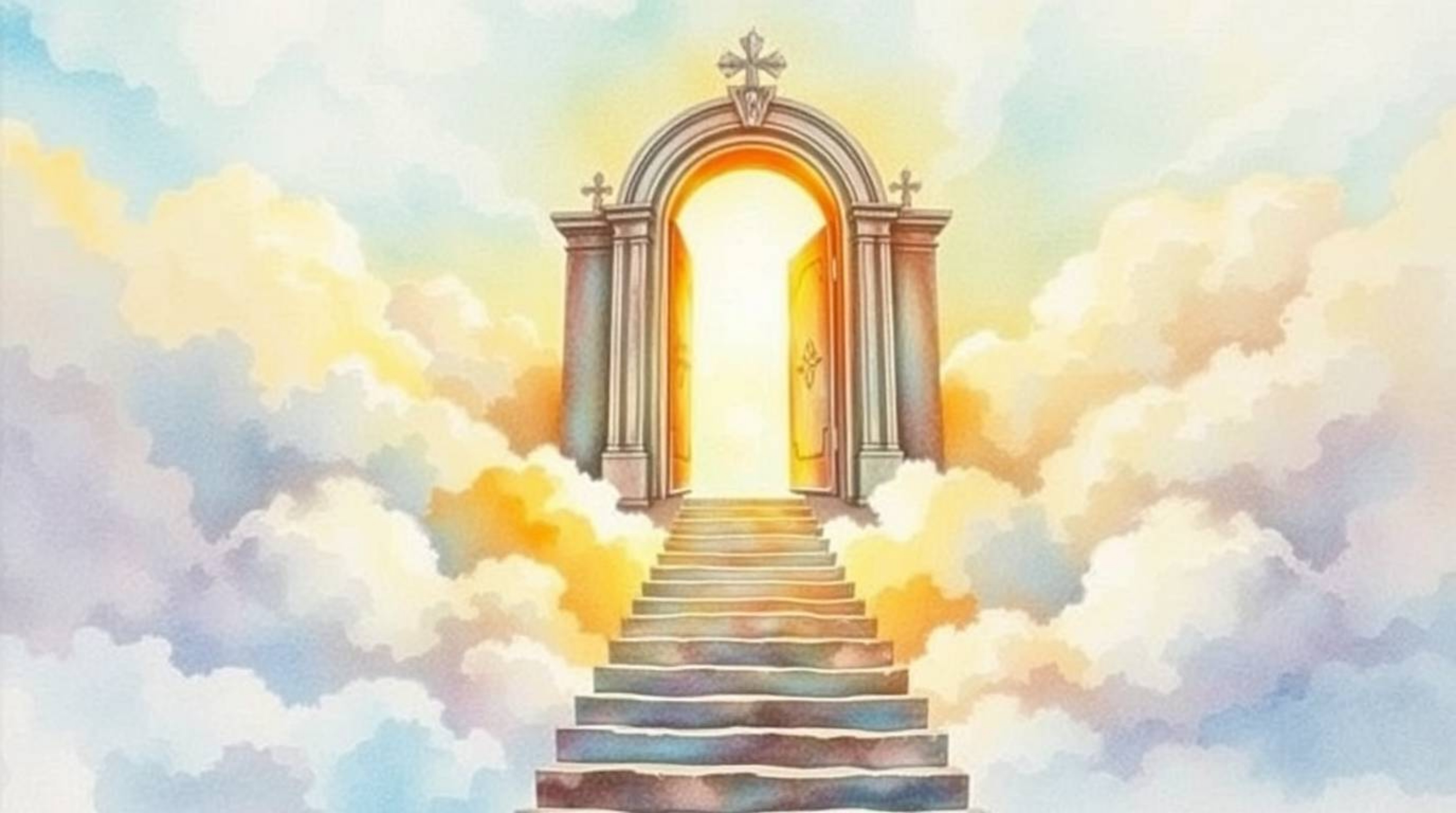 A delicate watercolor painting depicting a Heavenly gate floating above the clouds, with stairs leading upwards and golden li