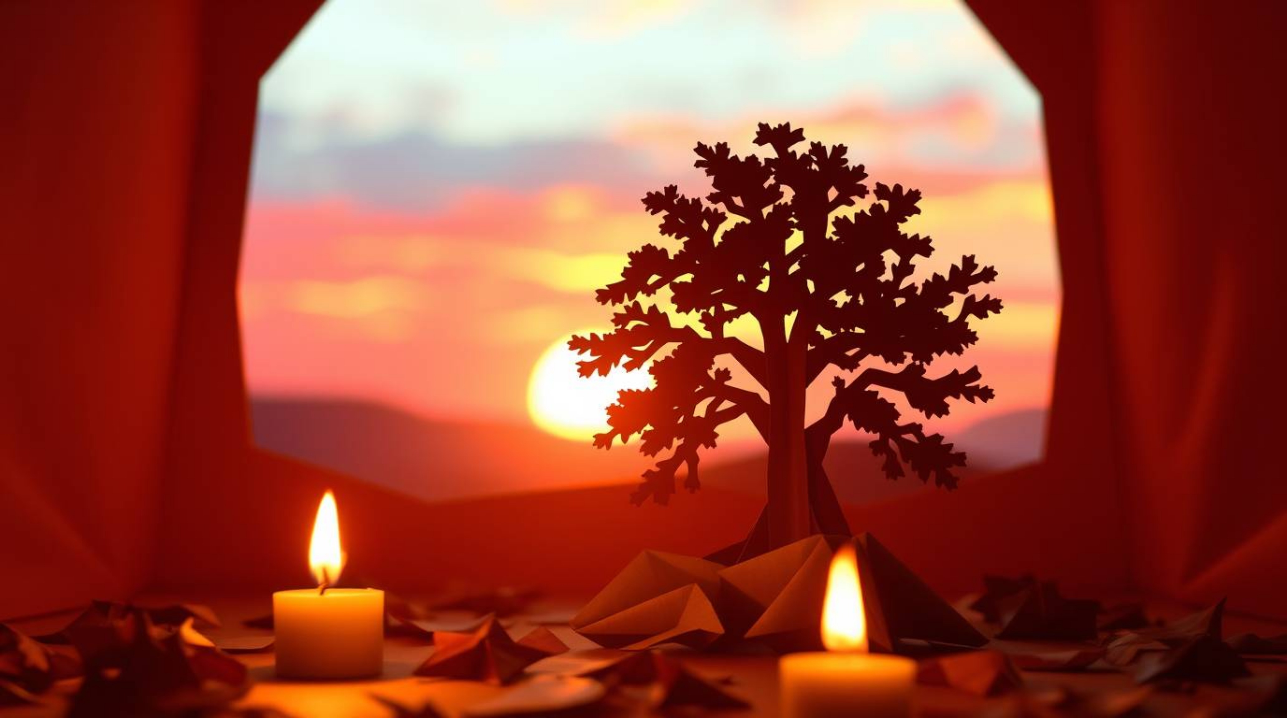 Experience the serene beauty of a lone tree silhouetted against a fiery sunset, rendered in an intricate origami style.  Warm