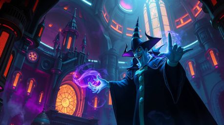 A captivating image showcasing a classic Disney villain performing a spell within a futuristic castle.  The scene is rendered