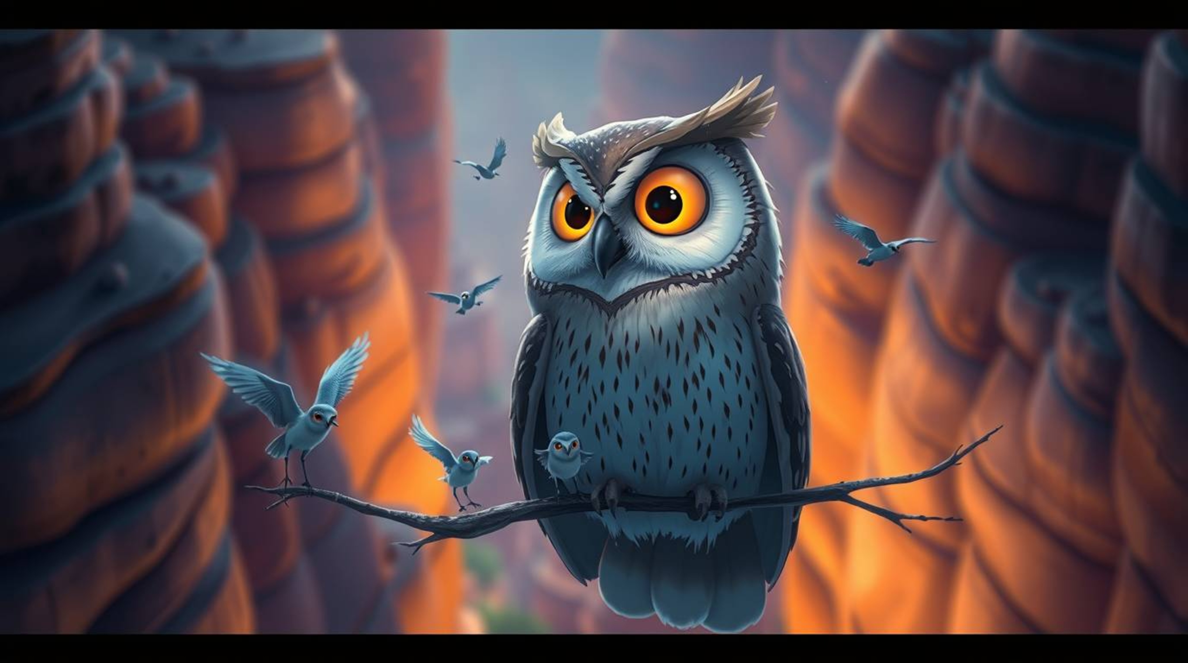 This heartwarming Pixar-inspired illustration captures a wise, blind owl with large, gentle eyes as it teaches small birds to