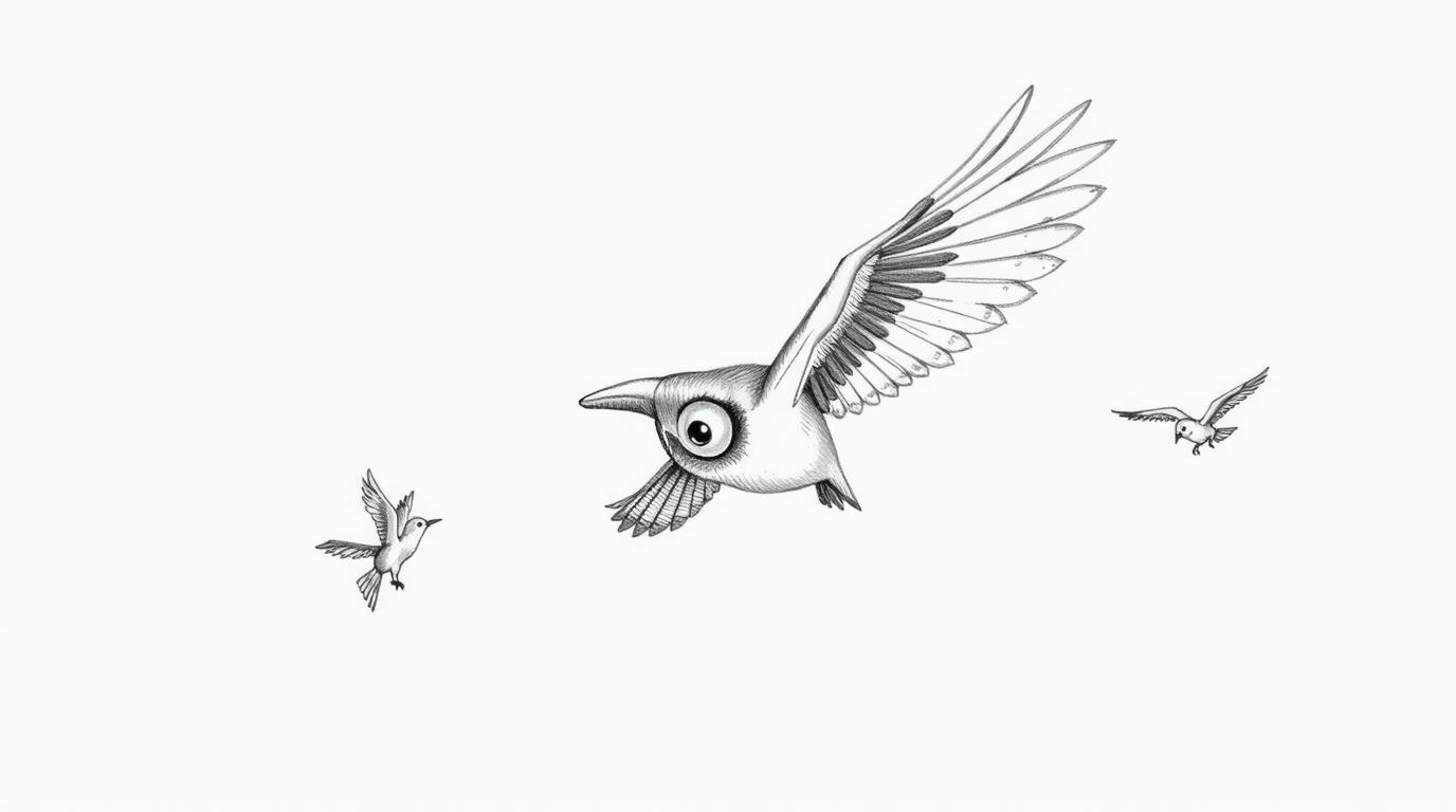 A hand-drawn sketch, Pixar-inspired, showcases a blind owl in mid-flight, selflessly teaching smaller birds how to fly. The o