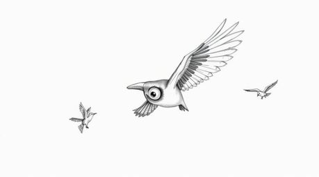A hand-drawn sketch, Pixar-inspired, showcases a blind owl in mid-flight, selflessly teaching smaller birds how to fly. The o