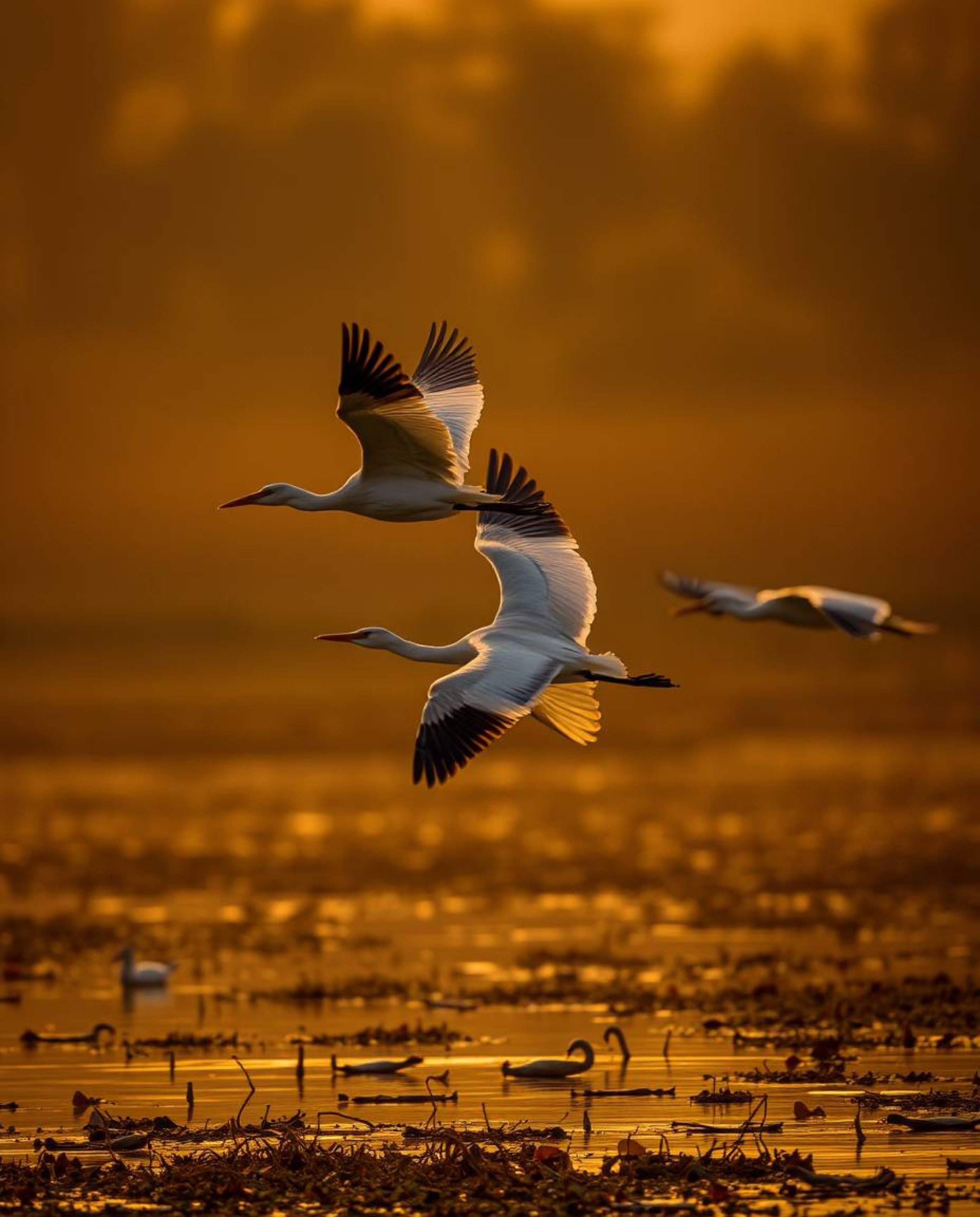 A high-contrast, low-key lighting image of a Golden hour wetland, featuring graceful herons in flight. This photograph is def