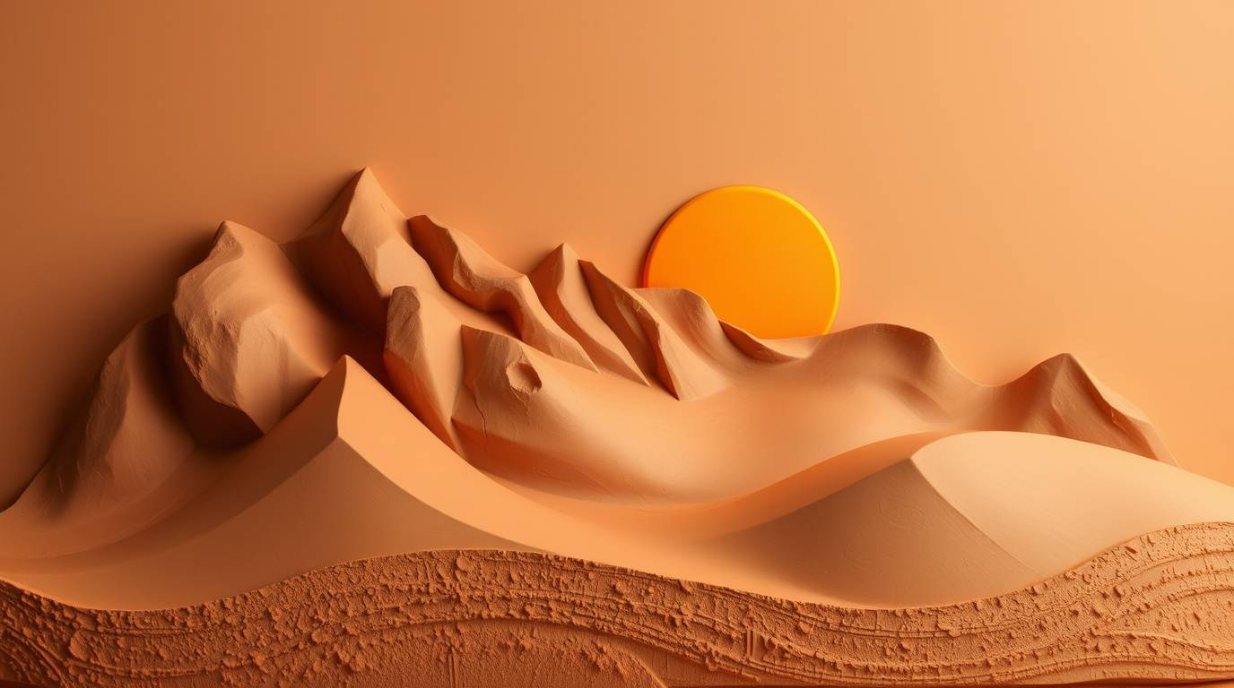 This stunning sculptural clay art piece captures the serene beauty of a sunset at the edge of a desert. Golden dunes stretch 