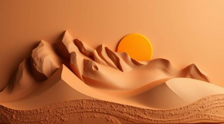 This stunning sculptural clay art piece captures the serene beauty of a sunset at the edge of a desert. Golden dunes stretch 