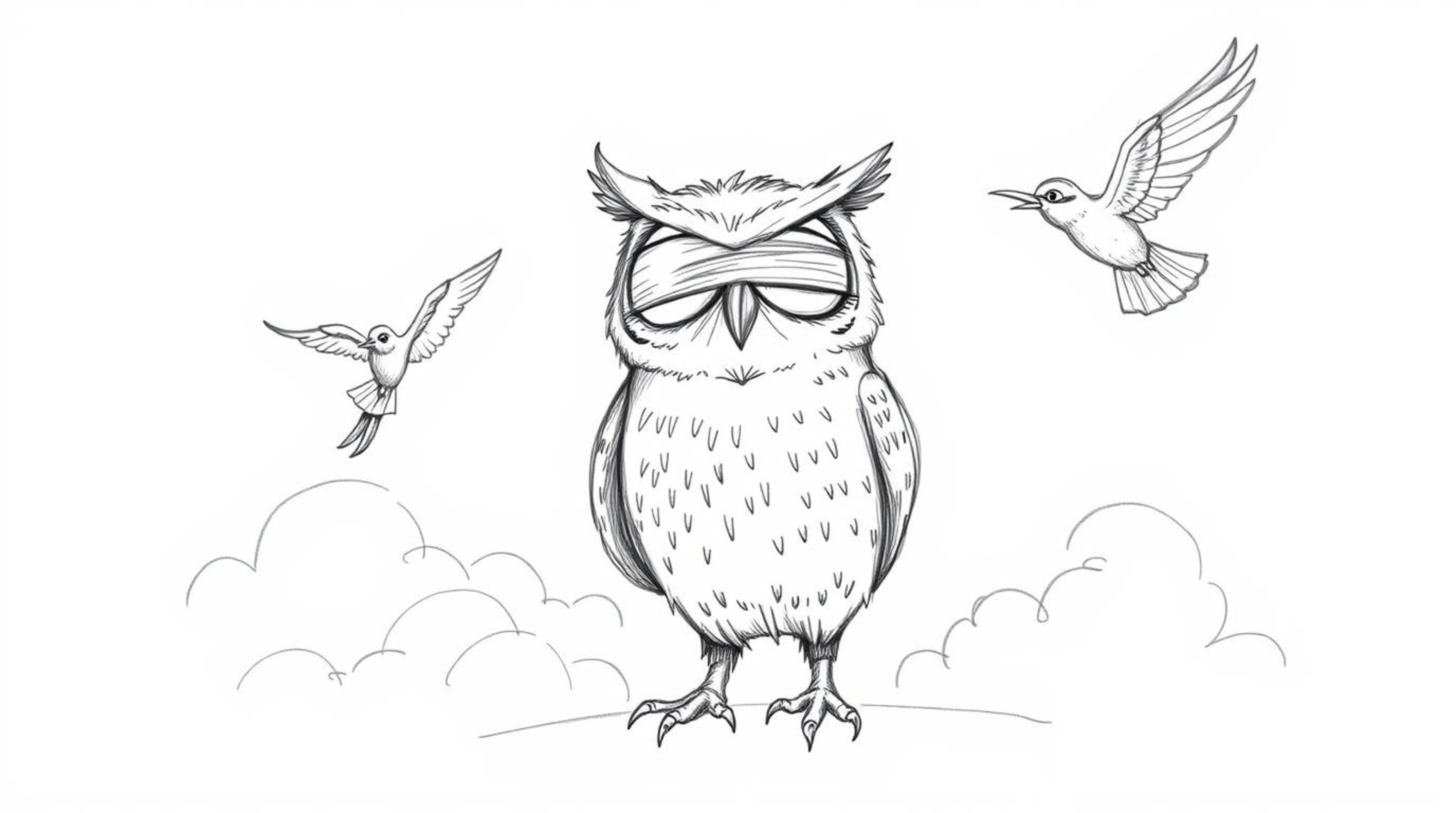 A heartwarming hand-drawn sketch in Pixar style depicts a blind owl with expressive eyes proudly teaching birds to fly above 
