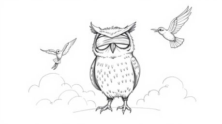 A heartwarming hand-drawn sketch in Pixar style depicts a blind owl with expressive eyes proudly teaching birds to fly above 