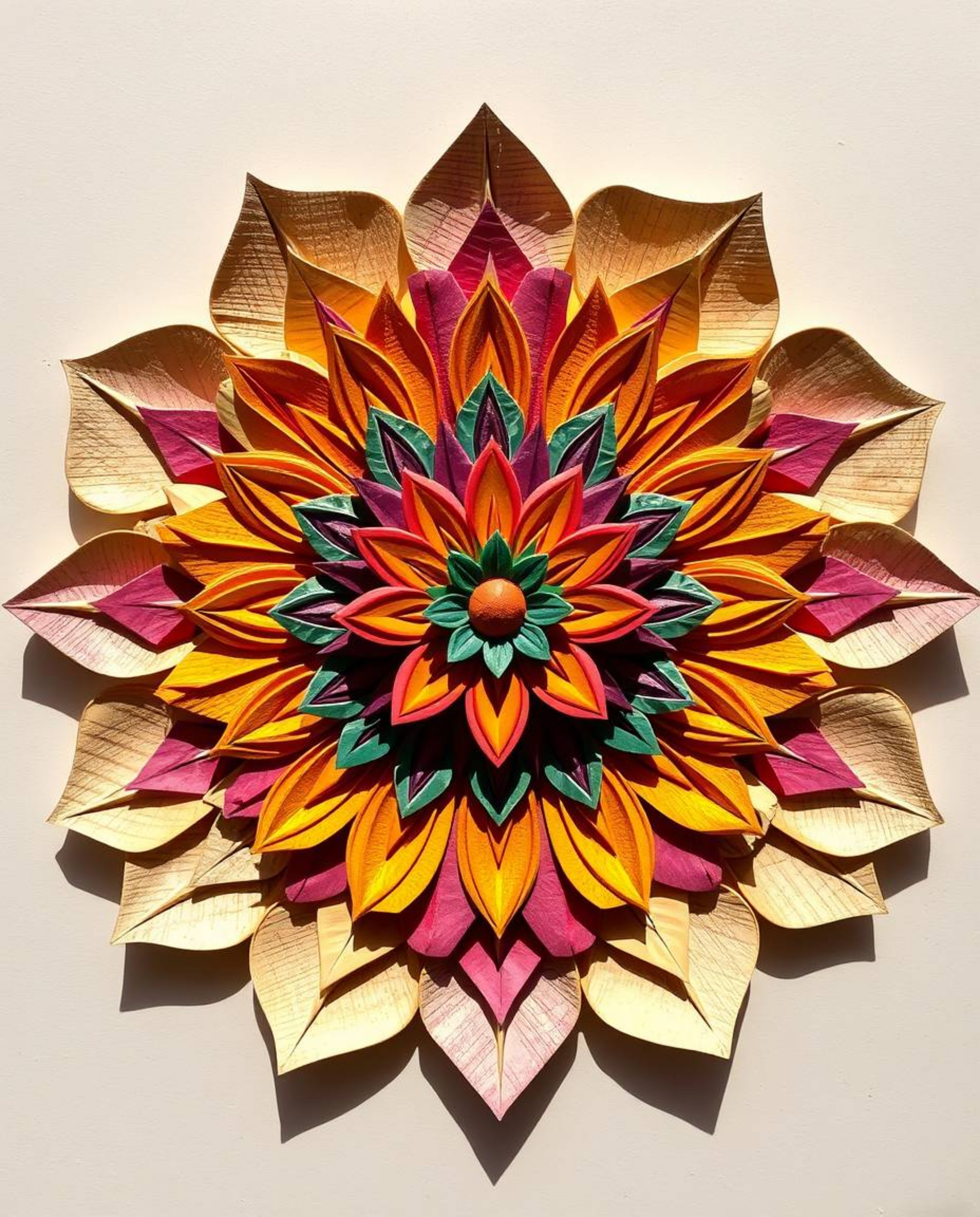 Explore a stunning geometric floral mandala featuring vibrant colors and a symmetric design. Crafted with layered papier-mâch