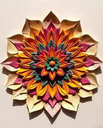 Explore a stunning geometric floral mandala featuring vibrant colors and a symmetric design. Crafted with layered papier-mâch