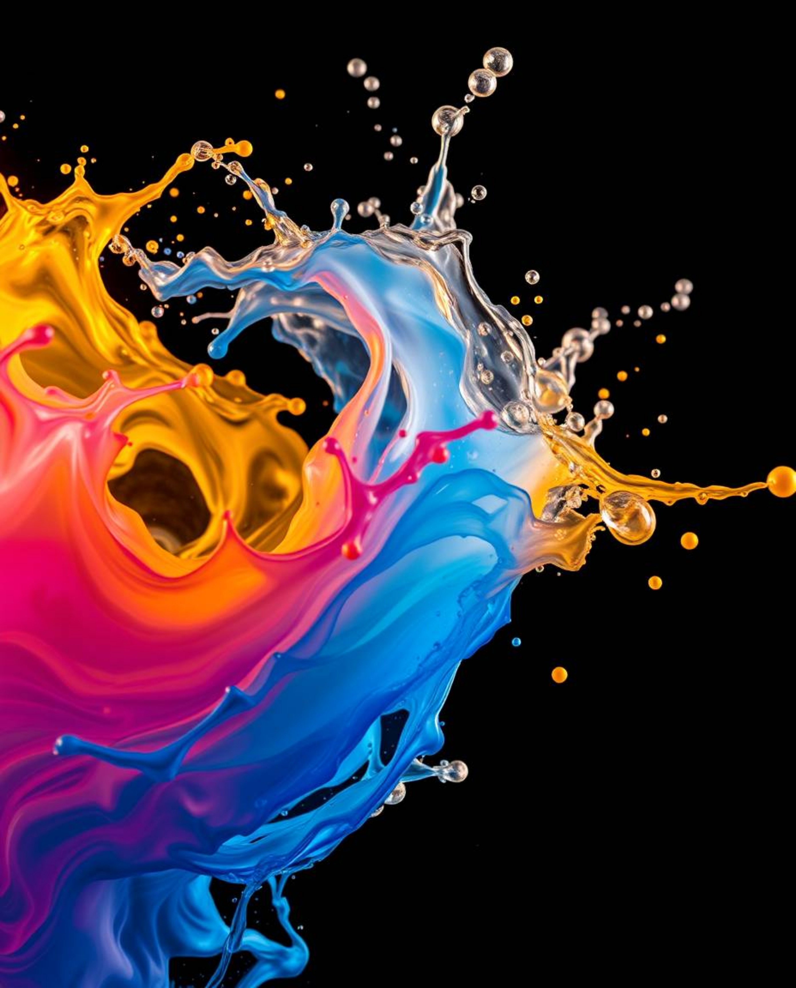 A captivating artistic photograph showcases dynamic, colorful splashes frozen mid-air against a stark black background.  The 