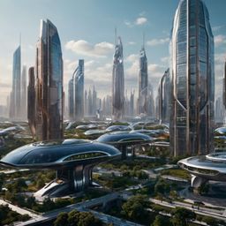 Imagine a sprawling, futuristic city where the sky is crisscrossed with flying vehicles, and towering transparent skyscrapers