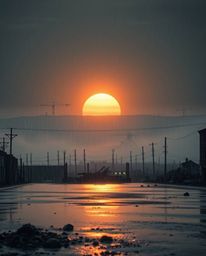 A breathtaking cinematic shot captures a sunrise over a war-torn landscape, drenched in rain.  Reflective surfaces mirror the