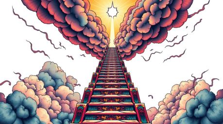 This vibrant retro-style tattoo art print depicts a surreal stairway ascending through smoky clouds towards a celestial light