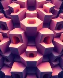 A mesmerizing digital painting features a repetitive Escher-style impossible geometry cube pattern. Smooth gradient transitio