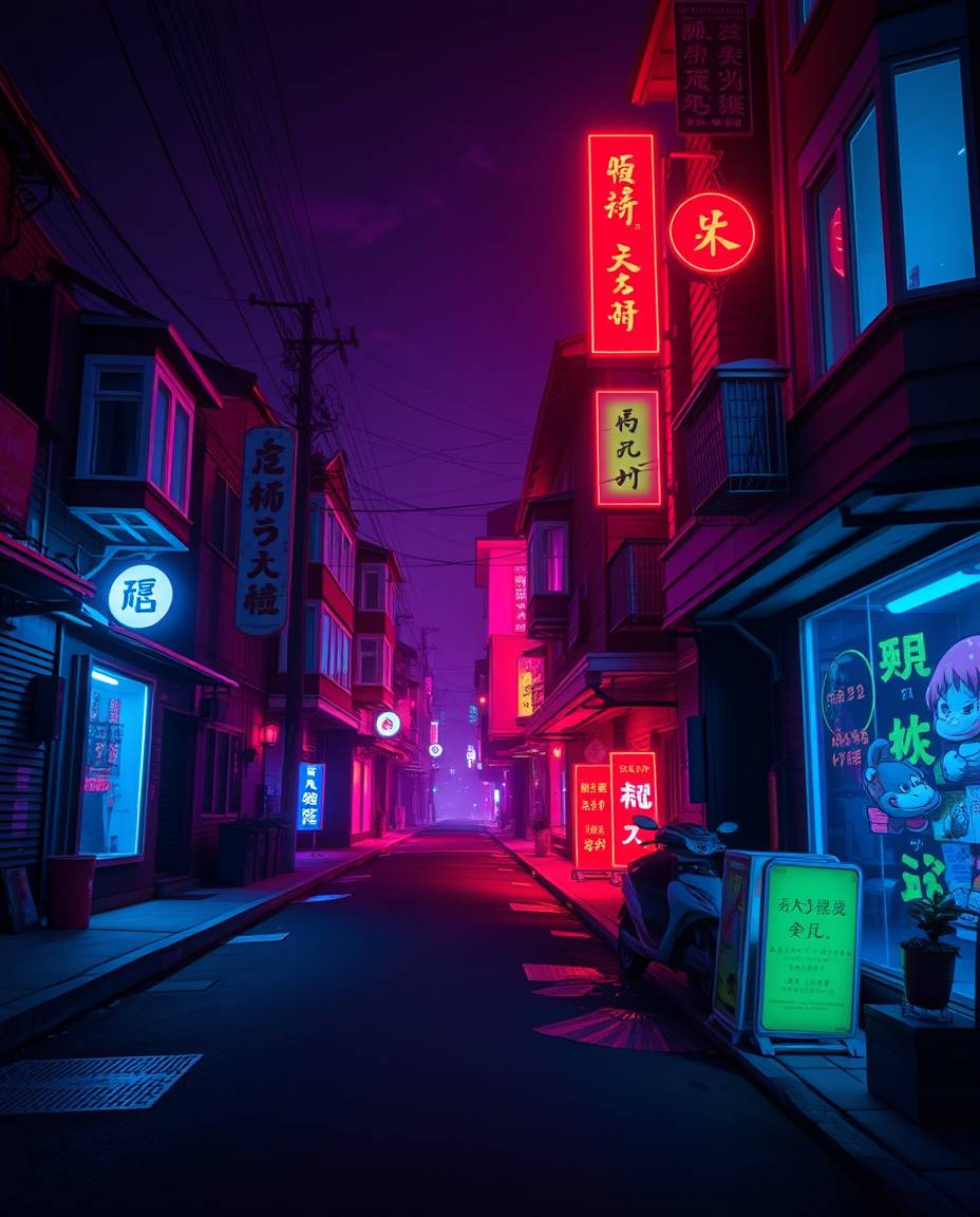 Experience a mesmerizing surreal street scene illuminated by vibrant bioluminescent colors.  Folding and twisting buildings i