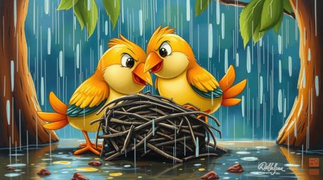 This vibrant acrylic painting captures a charming wet rainy scene, focusing on two cartoon birds diligently building their ne
