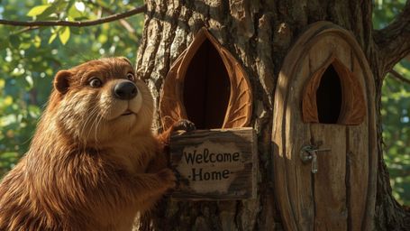 A highly detailed, high-resolution stock photo captures a beaver with warm, golden fur and bright, expressive eyes, busily co