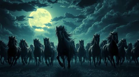 A captivating isekai-style anime scene depicting a herd of wild horses galloping under a mesmerizing, glowing sky. The artwor