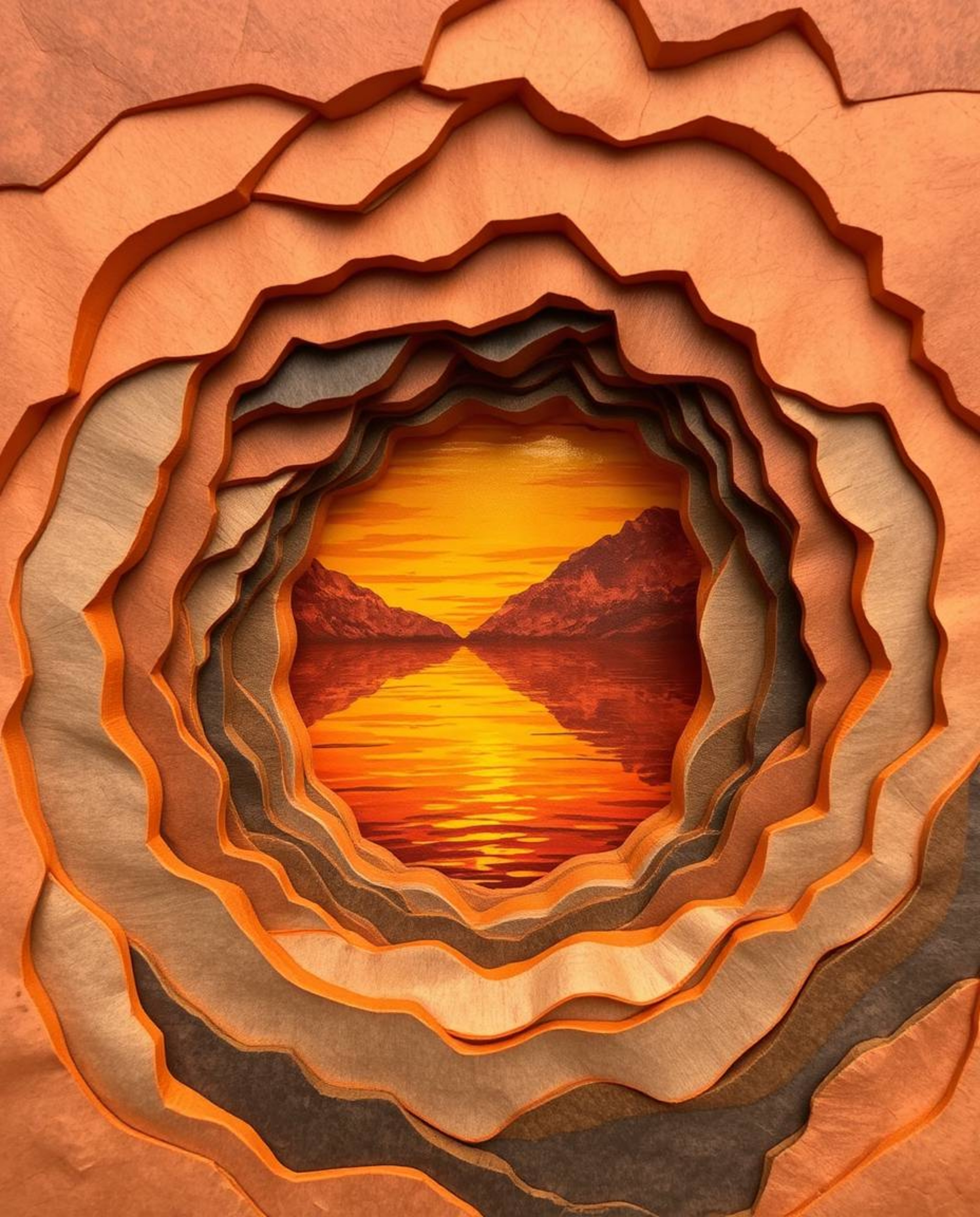 A layered papier-mâché sculpture reflecting a sunset in a glassy fjord, bathed in warm autumn colors and the gentle glow of g