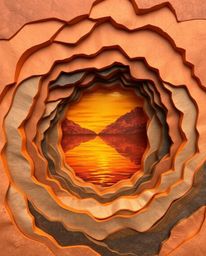 A layered papier-mâché sculpture reflecting a sunset in a glassy fjord, bathed in warm autumn colors and the gentle glow of g