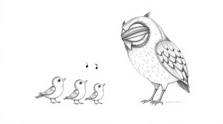 A heart-warming scene unfolds in a hand-drawn, textured pencil style, reminiscent of Pixar animation. A blind owl, embodying 
