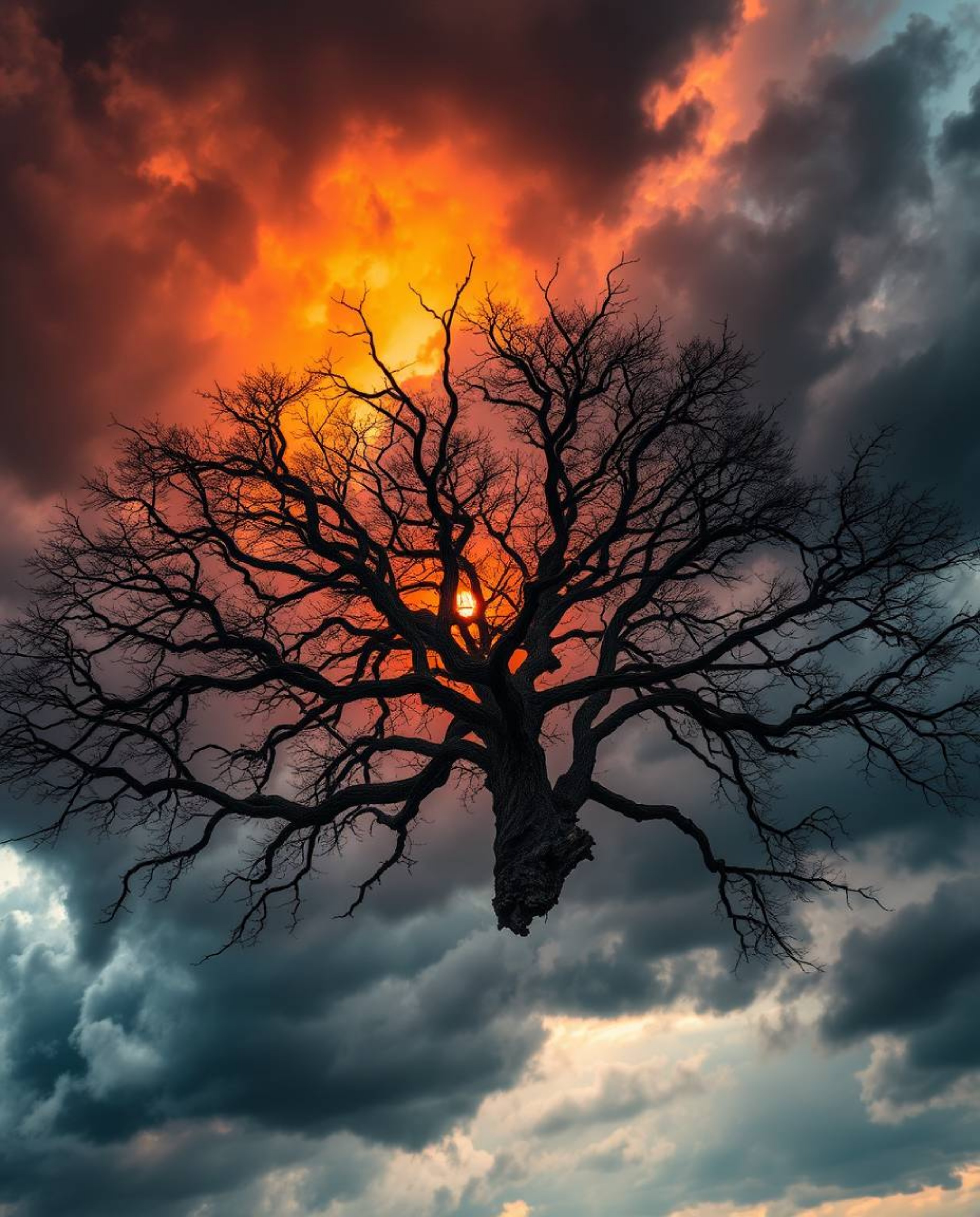 An overhead, bird's-eye view photograph capturing a dramatic sunset behind an old oak tree with twisted branches under a stor