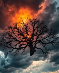 An overhead, bird's-eye view photograph capturing a dramatic sunset behind an old oak tree with twisted branches under a stor