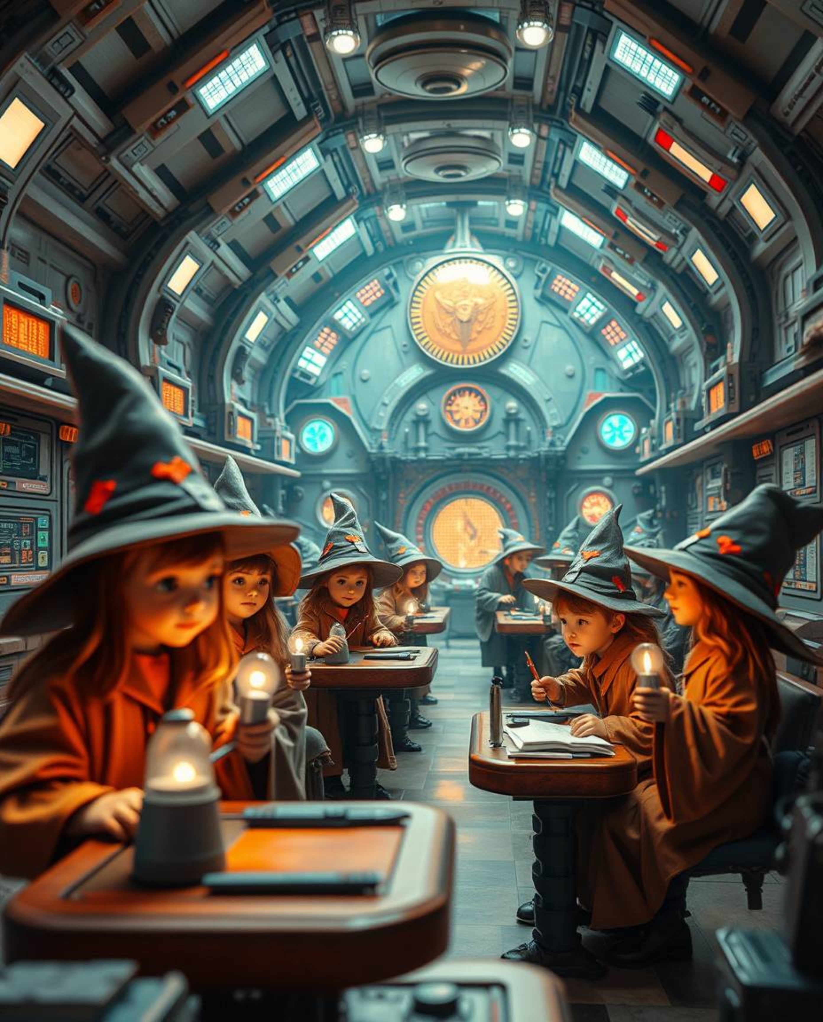 Experience an extreme macro close-up view of a futuristic sci-fi magical school brimming with young wizards. This photograph 