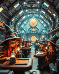 Experience an extreme macro close-up view of a futuristic sci-fi magical school brimming with young wizards. This photograph
