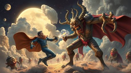A captivating, surreal depiction of a superhero and a comically inept villain clashing in a fantastical battle.  Bizarre scen