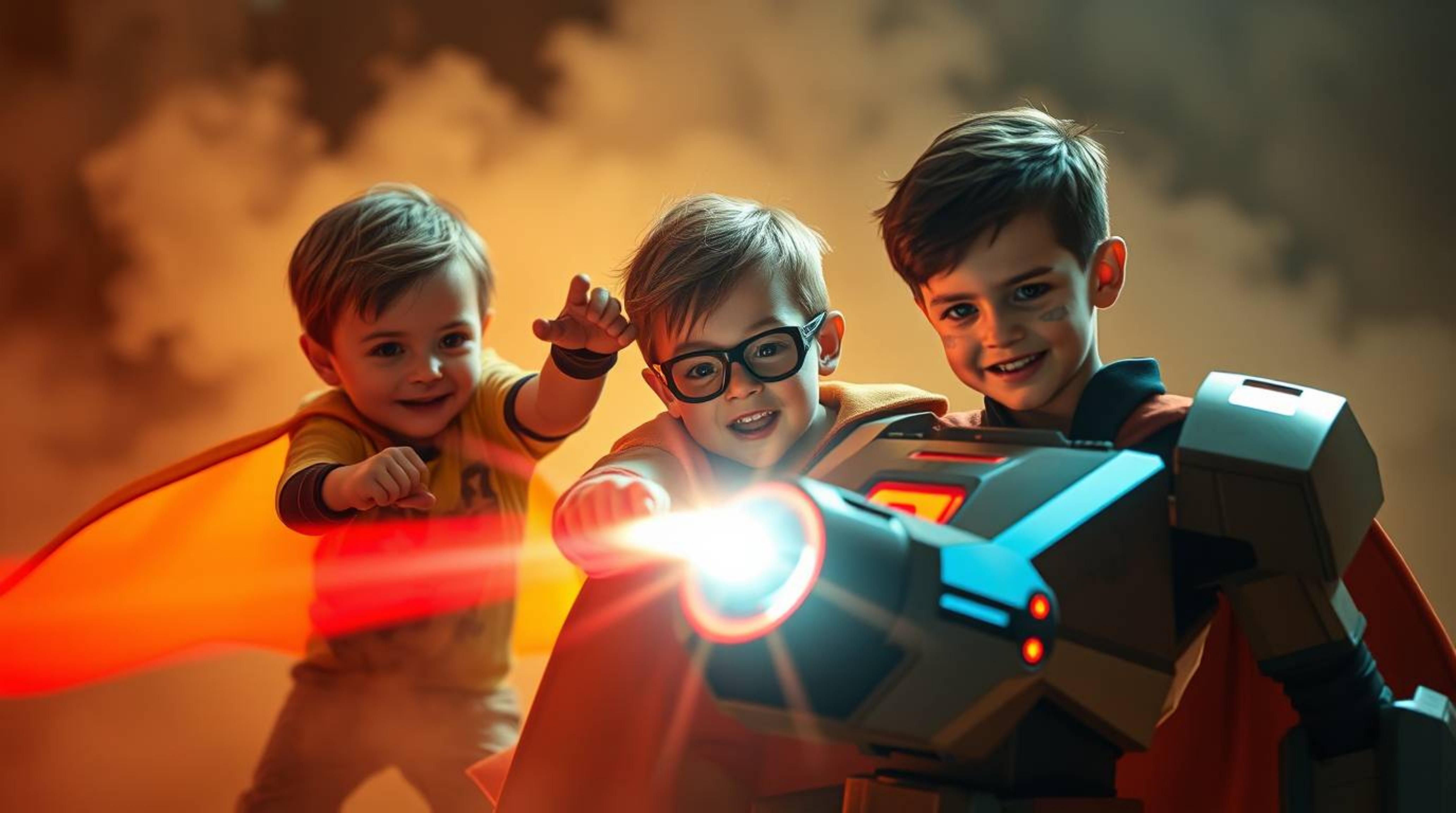 Three adorable superpowered children engage in a thrilling battle against a formidable robot.  The scene is bathed in warm vo
