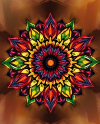 Explore a captivating fantasy scene featuring a geometric floral mandala brought to life with vibrant colors and symmetric de