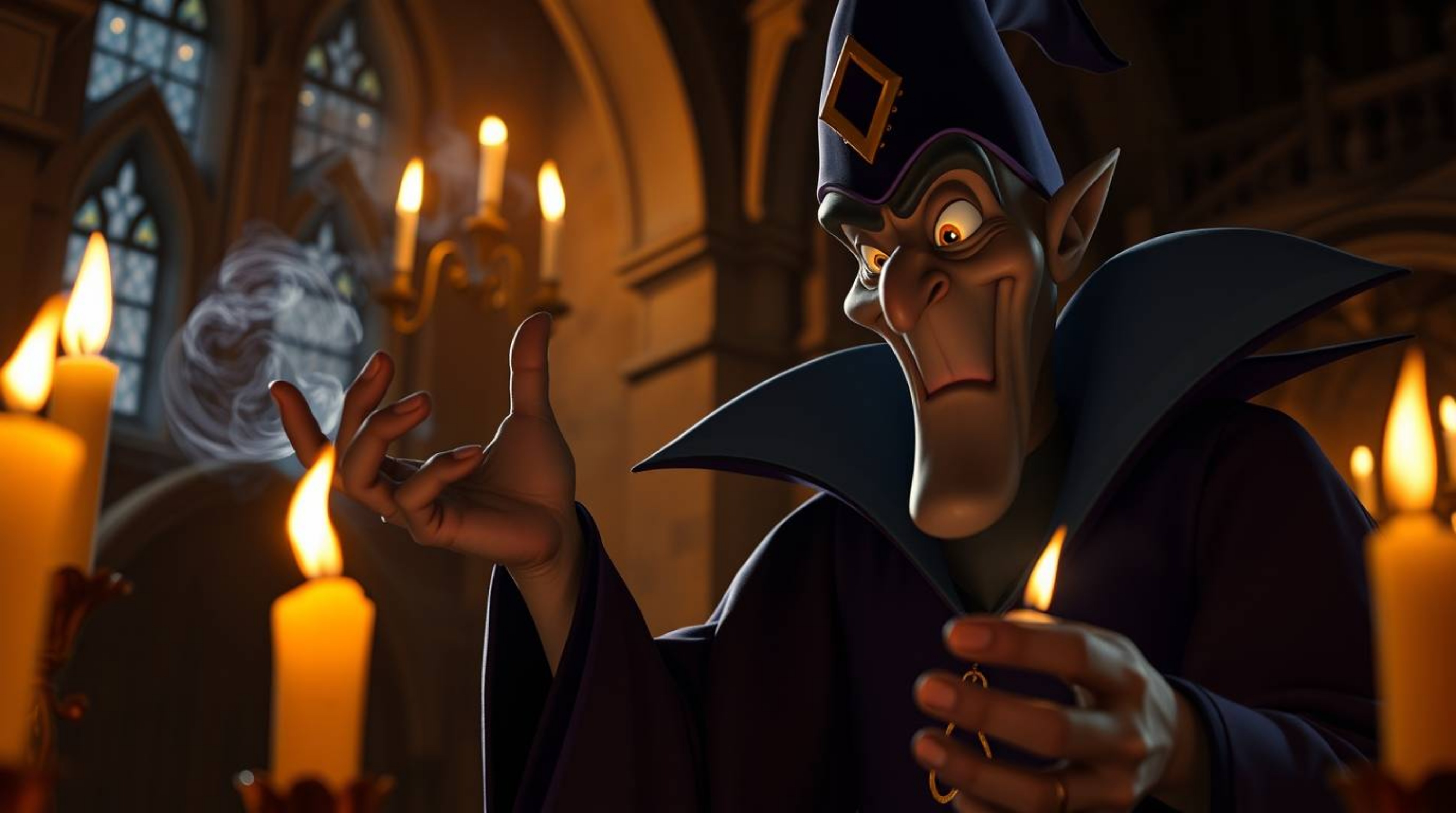 A captivating close-up reveals a classic Disney villain meticulously casting a spell within the ancient walls of a castle. W