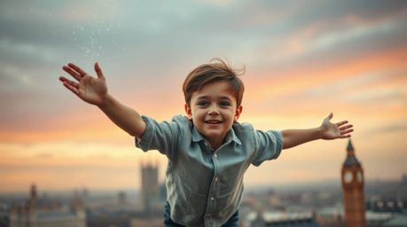 A captivating editorial-style photograph depicts a young boy with fair skin magically flying above the iconic London skyline,