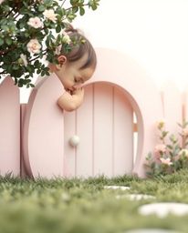 A child with soft features and a gentle expression stumbles upon a pastel-colored portal in their backyard, creating a scene 