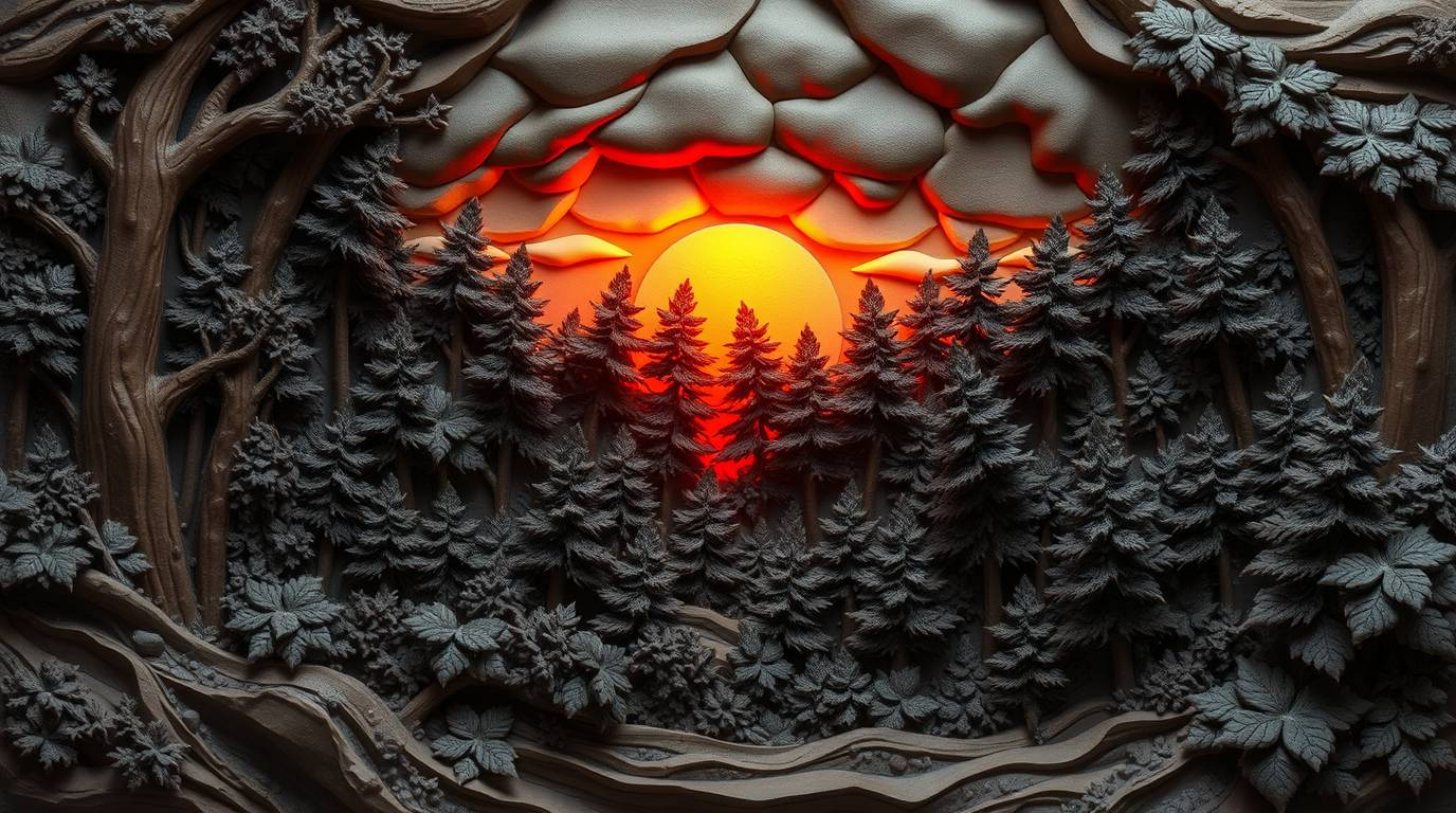 Discover a captivating clay sculpture depicting a dramatic sunset scene.  The artwork showcases vibrant sunset light filterin