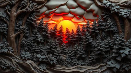 Discover a captivating clay sculpture depicting a dramatic sunset scene.  The artwork showcases vibrant sunset light filterin