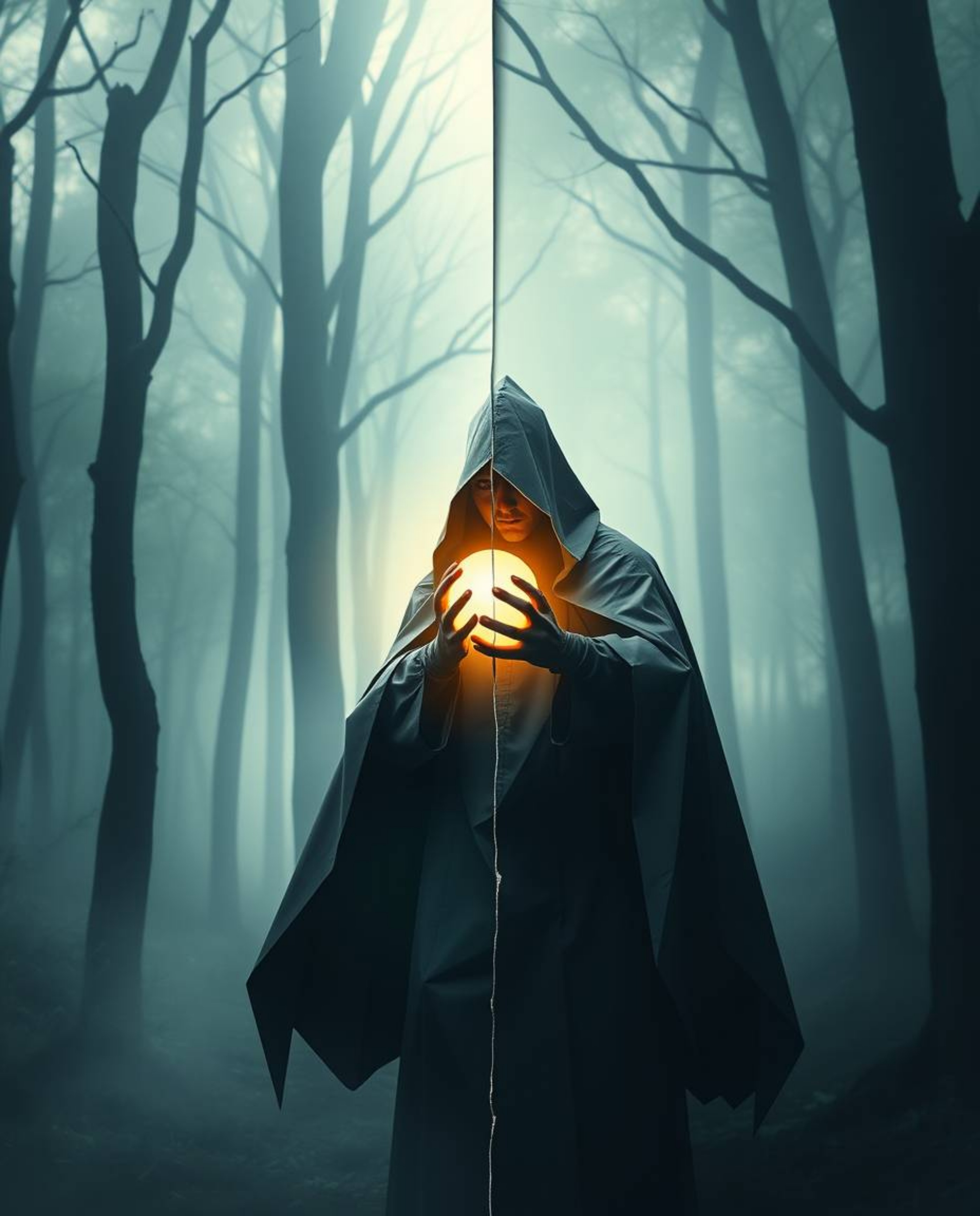 An intricate origami-style artwork depicts a cloaked figure in a misty forest, holding a glowing orb. The image features a di