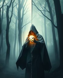 An intricate origami-style artwork depicts a cloaked figure in a misty forest, holding a glowing orb. The image features a di