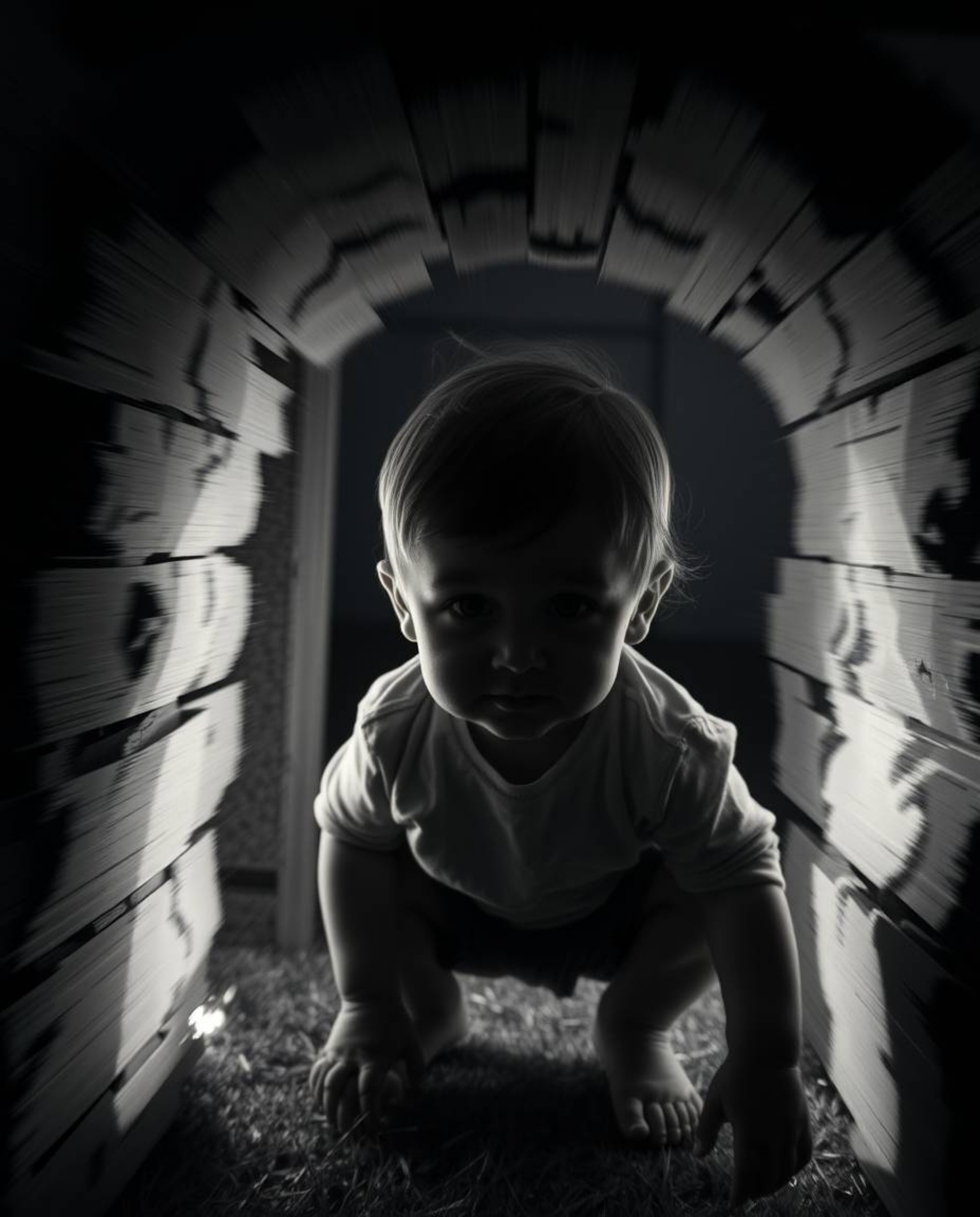 A captivating long exposure photograph showcases a child's enchanting discovery of a magical portal nestled within their own 