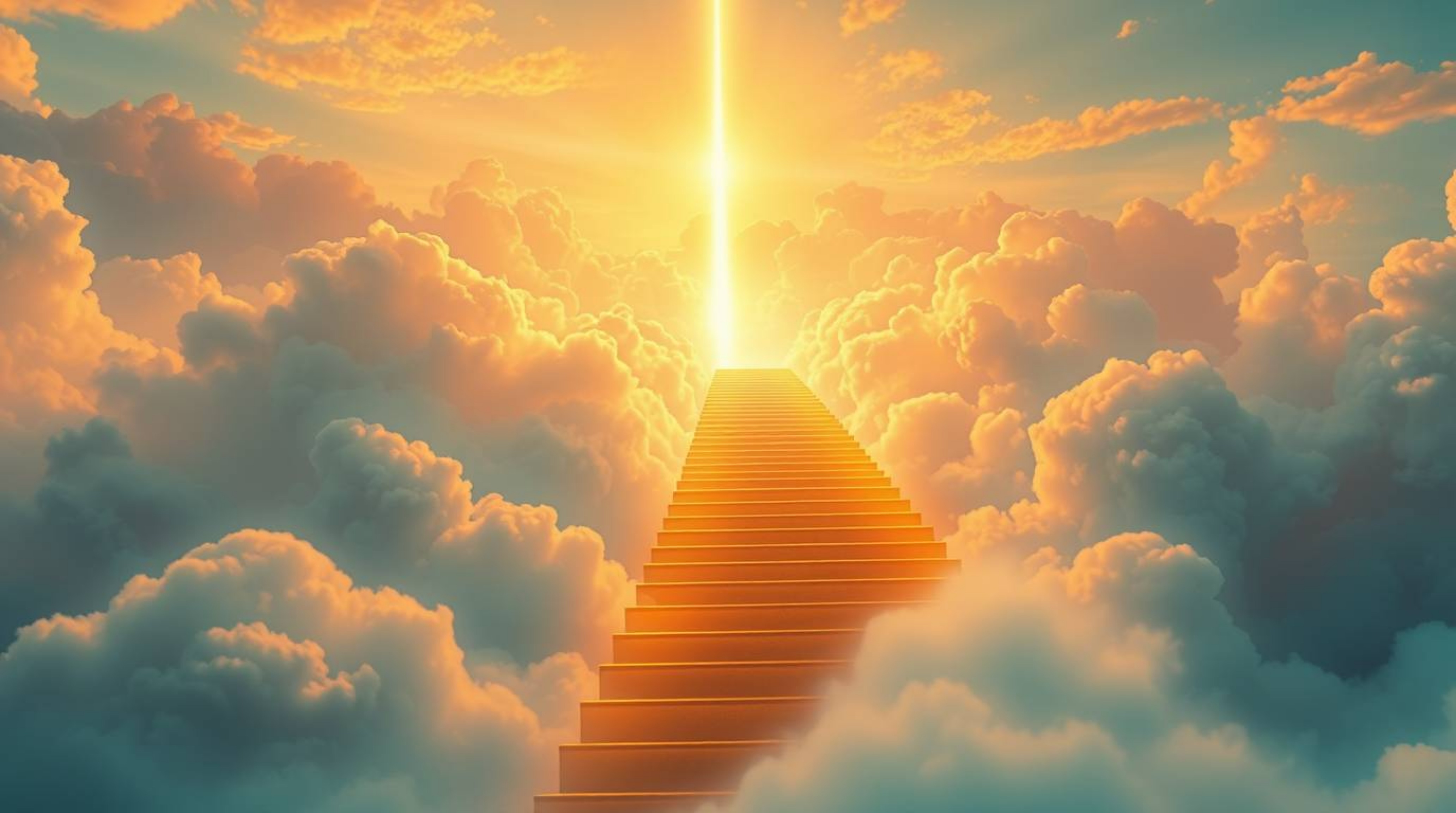 A breathtaking digital painting depicts a golden staircase ascending through clouds towards a radiant heaven. Sunlight pierce