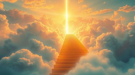 A breathtaking digital painting depicts a golden staircase ascending through clouds towards a radiant heaven. Sunlight pierce