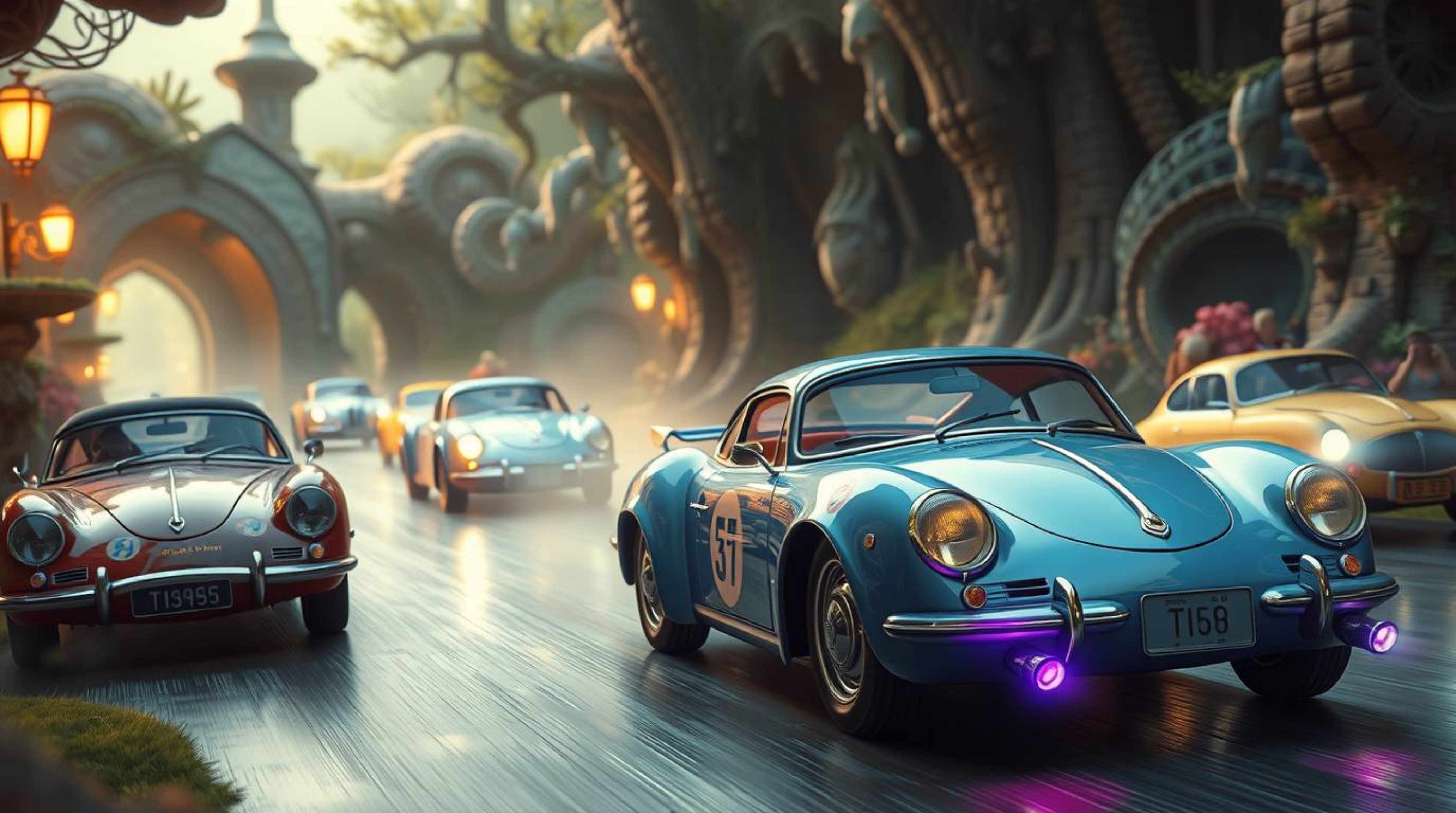 Experience a wildly imaginative racing scene featuring outlandish vehicles in a mystic and enchanting setting. The scene show